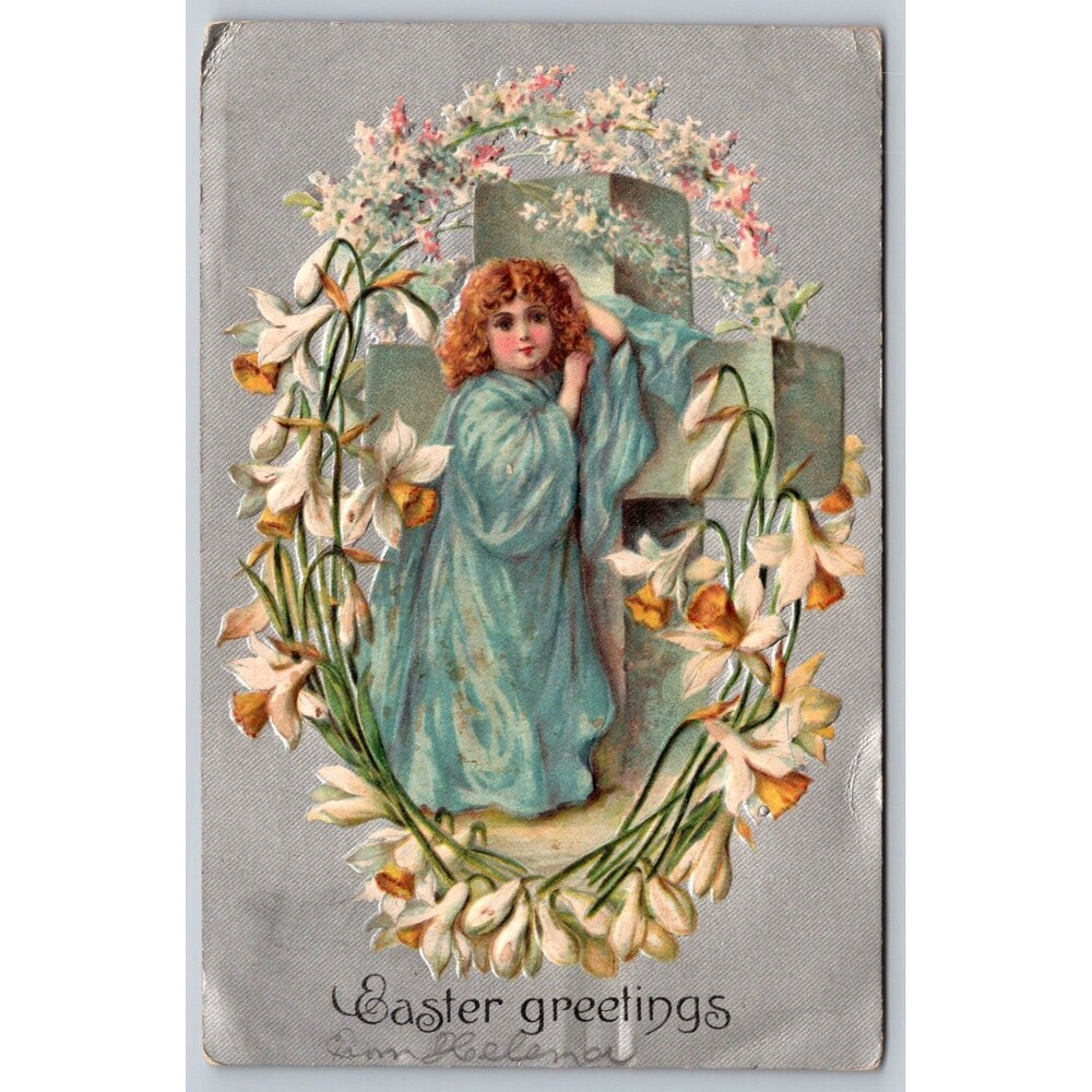Antique 1908 Easter Postcard Embossed Cross Girl Lilies Hagerstown MD Postmark